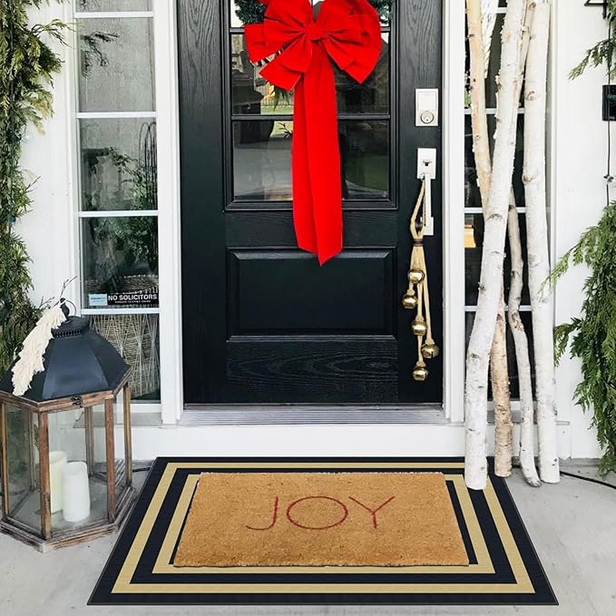 Front Door Mat Outside Entrance - 2x3 Modern Non-Slip Washable Doormat Indoor Outdoor Entrance Black Tan Geometric Bordered Rug Small Throw Rugs for Entryway Bedroom Kitchen Front Porch Decor