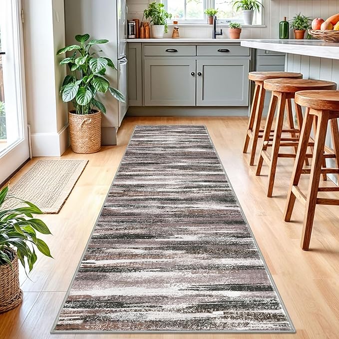 Lansny Modern Abstract Runner Rug 2.6x10, Dark Light Brown White Washable Long Kitchen Runner Non-Slip Soft Hallway Rug Runner Thin Print Faux Wool Carpet for Entryway Bedroom Laundry Room Indoor