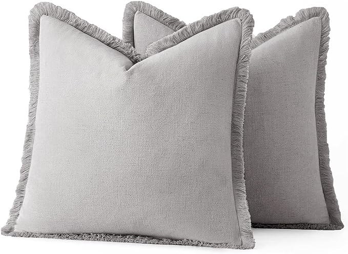 MIULEE Decorative Throw Pillow Covers Neutral Linen Fringe Throw Pillows Euro Shams Set of 2 Light Grey Boho Farmhouse Cushion Covers for Couch Sofa Bed Living Room Spring Home Decor 24x24 Inch