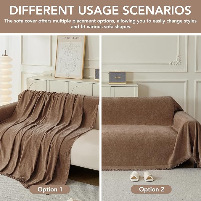 Couch Cover for Dogs, Boho Sofa Covers for 3 Cushion Couch, Chenille Sofa Slipcover for Pets Washable, L-Shape Sectional Couch Loveseat Cover Soft Throw Blankets with Tassels(71x118,Coffee)