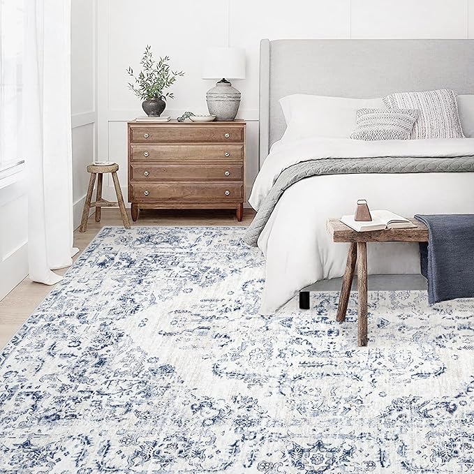 9x12 Area Rugs for Living Room: Washable Rug Vintage Large Rugs Soft Non Slip Low Pile Rug Floral Distressed Floor Carpet for Bedroom Dining Room Home Office (Blue,9'x12')