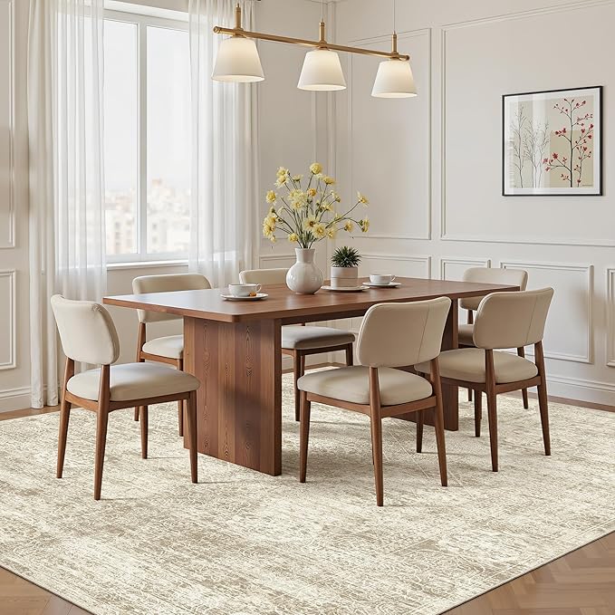Madane 6x9 Area Rugs for Living Room, Machine Washable Vintage Beige Rug with Non-Slip Backing, Soft Throw Rugs, Thin Stain Resistant Carpet for Bedroom Dining Room Farmhouse Home Office