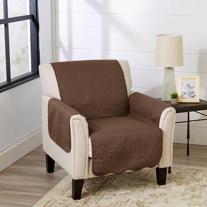 Great Bay Home Reversible Chair Cover - Washable Slipcover Furniture Protector with Elastic Straps - Perfect for Kids & Pets - Quilted & Stitched Detail (Chocolate/Taupe)