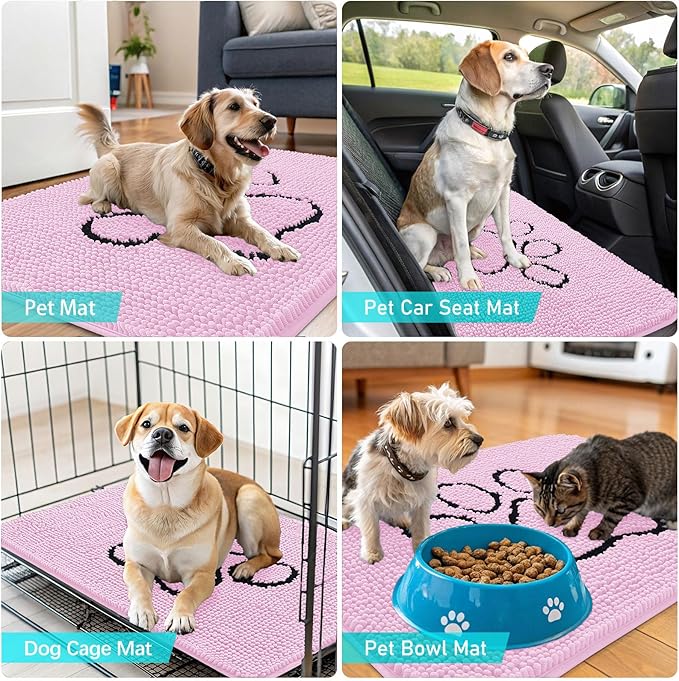 OLANLY Dog Door Mat for Muddy Paws 36x24, Paw Print Design, Absorbs Moisture and Dirt, Absorbent Non-Slip Washable Doormat, Quick Dry Chenille Mud Mat for Dogs, Entry Indoor Entryway Carpet, Pink