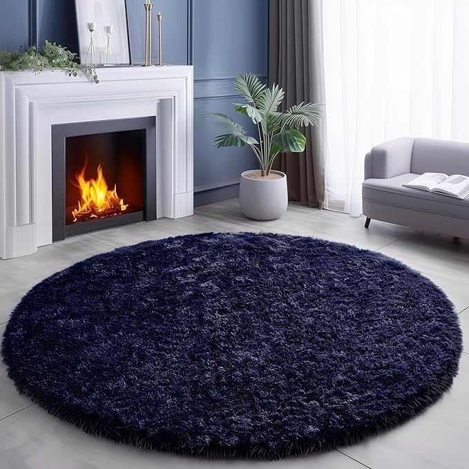 Amdrebio Dark Navy Round Rug 4Ft for Boys Room Bedroom, Fluffy Shag Fuzzy Plush Circle Area Rugs for Kids, Teens, Living Room Decor Aesthetic, Indigo Furry Cool Dark Blue Carpet for Dorm Baby Nursery