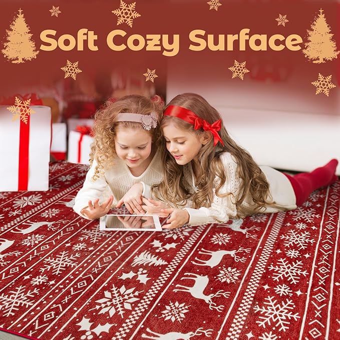 Christmas Rug 6x9 Washable Rugs, Boho Christmas Tree Snowflake Rug Non-Slip Soft Low Pile Non Shedding Indoor Holiday Carpet for Living Room Bedroom Dining Room Home Office (XmasRed, 6'x9')