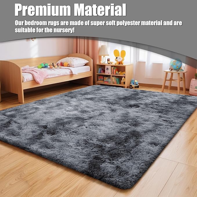 8x10 Fluffy Area Rugs for Living Room,Shag Area Rug for Bedroom,Soft Fuzzy Rug Non-Shedding Indoor Plush Carpet for Kids Bedroom Nursery Home Decor,Tie-Dyed Black