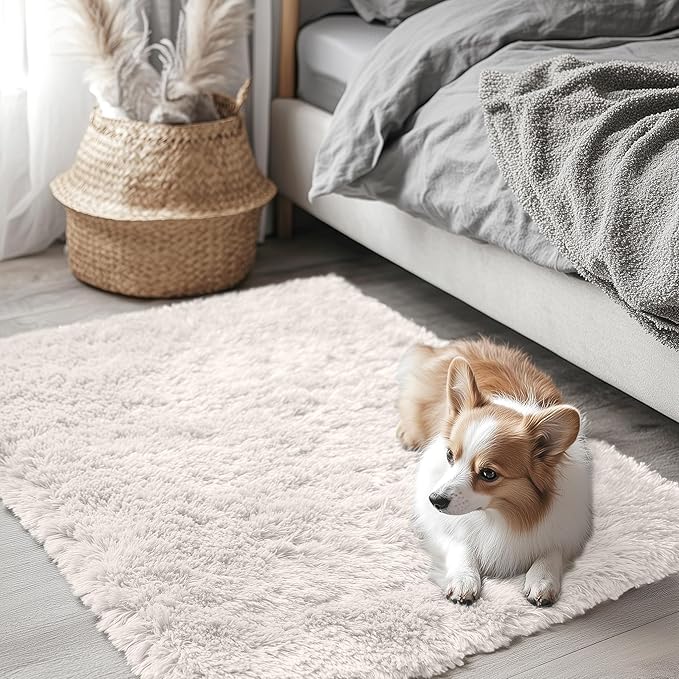 OLANLY 2x2 Machine Washable Small Rug, Soft Fluffy Shaggy Throw Rug for Bedroom, Entryway, Indoor Floor Carpet for Kids, Nursery, Home Decor, Ivory
