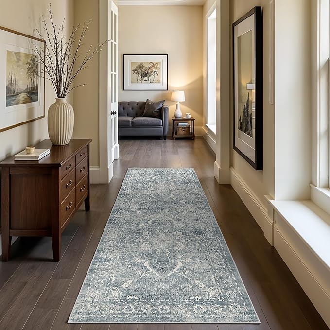 Hallway 2x6 Runner Rug - Vintage Non-Slip Long Rug for Entryway Low-Pile Washable Medallion Runner for Hallway Waterproof Traditional Indoor Thin Rugs for Kitchen (Blue)