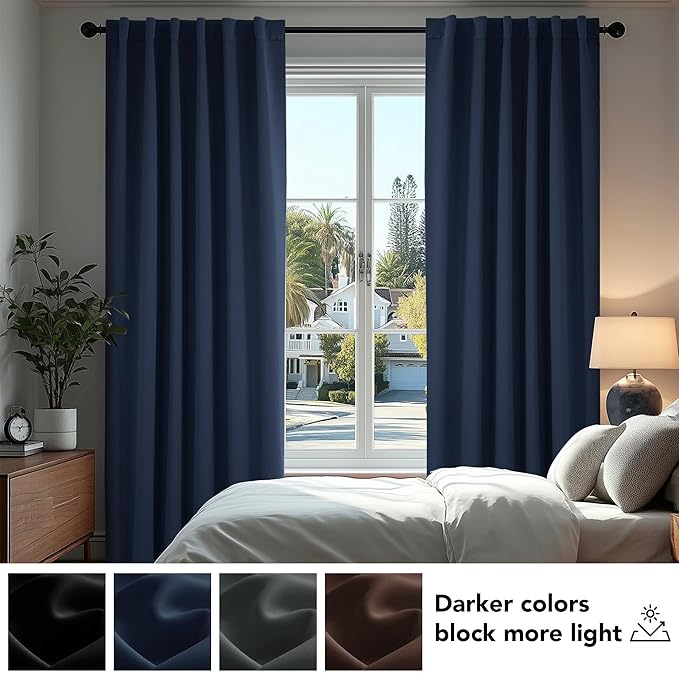 Deconovo Blackout Curtains, Thermal Insulated, W70 x L63 2 Panels, Back Tab, Machine Washable, Room-Darkening Drapes for Bedroom/Living Room Navy Blue