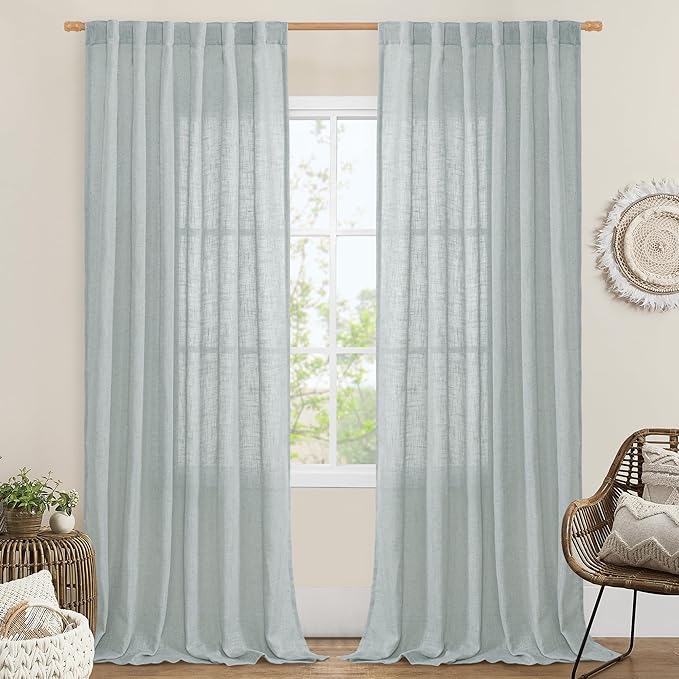 LAMIT Living Room Linen Curtains - 90 Inch, Back Tab & Rod Pocket, Light Filtering, Burlap Textured Sheer Curtains for Farmhouse, 2 Panels, 52 x 90 Inch, Greyish Blue