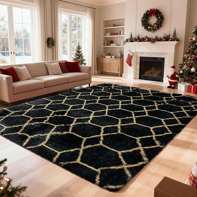 Shag Area Rug for Bedroom 4x6,Fluffy Area Rugs for Living Room,Geometric Soft Fuzzy Rug Non-Shedding Indoor Plush Carpet for Kids Bedroom Nursery Dorm Home Chiristmas,Black and Gold