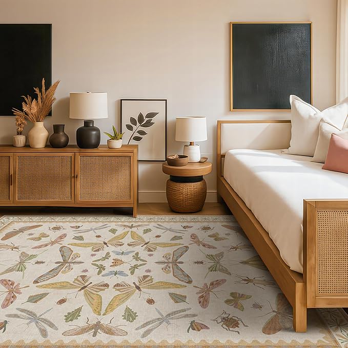Hazo Haus Washable Neutral Area Rug Living Room, 5x8 Washable Rugs for Bedroom Under Bed, Nursery Room, Boho Vintage Insect Butterfly Non-Slip Low Pile Stain Resistant - Beige/Yellow