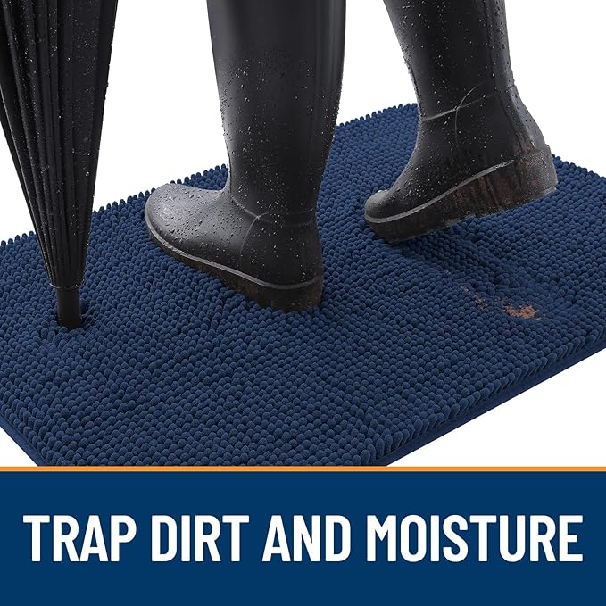 OLANLY Dog Door Mat for Muddy Paws 47x24, Absorbs Moisture and Dirt, Absorbent Non-Slip Washable Doormat, Quick Dry Chenille Mud Mat for Dogs, Entry Indoor Entryway Carpet for Inside Floor, Dark Blue