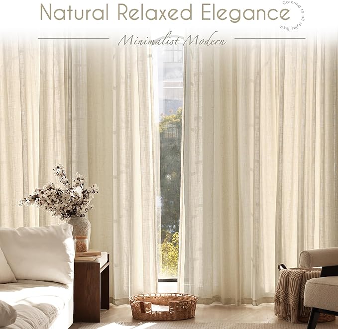 Greyish Beige Linen Curtain 90 inch Length 2 Panels Set Back Tab Light Filtering Living Room Curtain Drapes Home Office Modern Minimalist Decor Farmhouse Boho Neutral Semi Sheer Curtain 90 inch Long