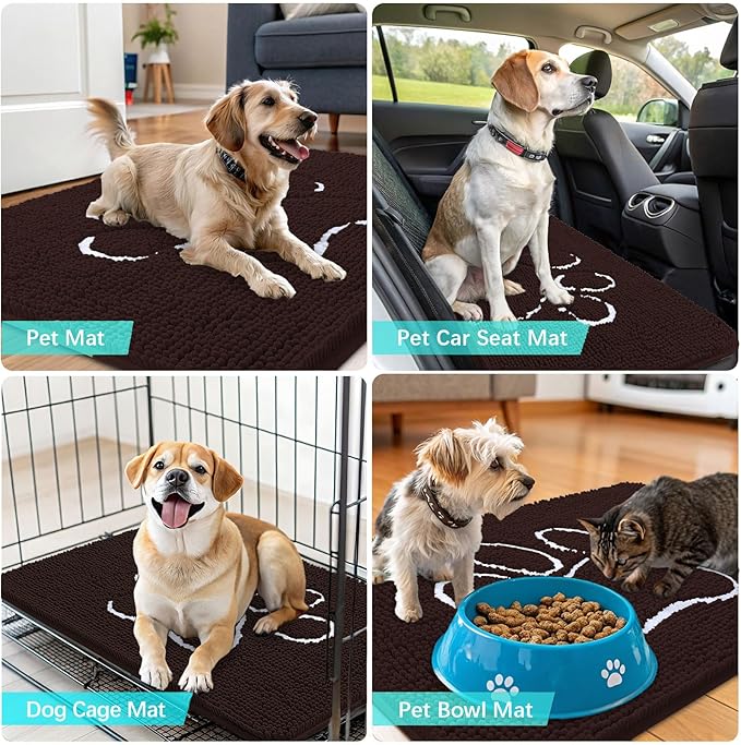 OLANLY Dog Door Mat for Muddy Paws 54x24, Paw Print Design, Absorbs Moisture and Dirt, Absorbent Non-Slip Washable Doormat, Quick Dry Chenille Mud Mat for Dogs, Entry Indoor Entryway Carpet, Brown