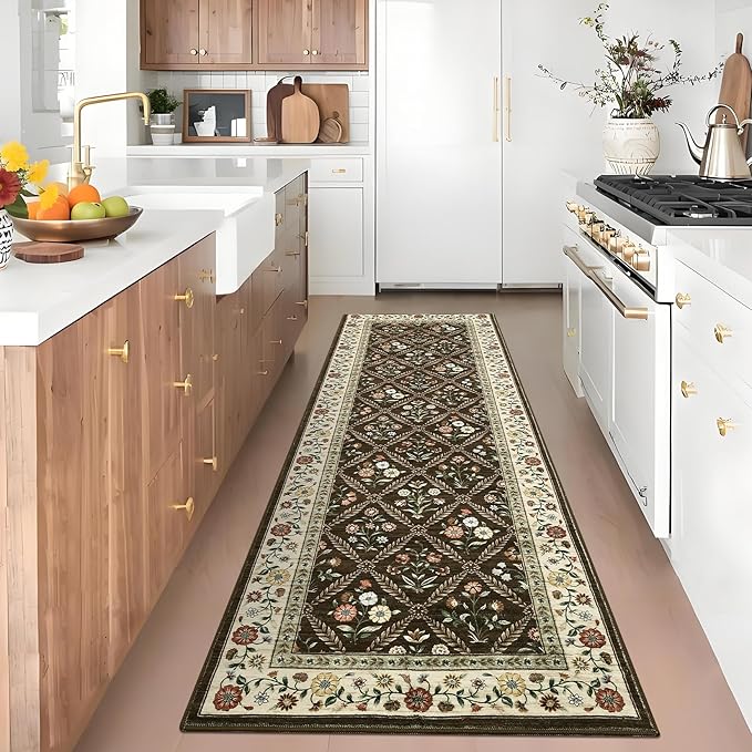 Washable Kitchen Runner 2x6 Non-Slip Floral Carpet Runner for Entryway Indoor Ultra Soft Stain Resistant Long Rugs Farmhouse Floor Mat for Hallways Laundry Bedroom Brown