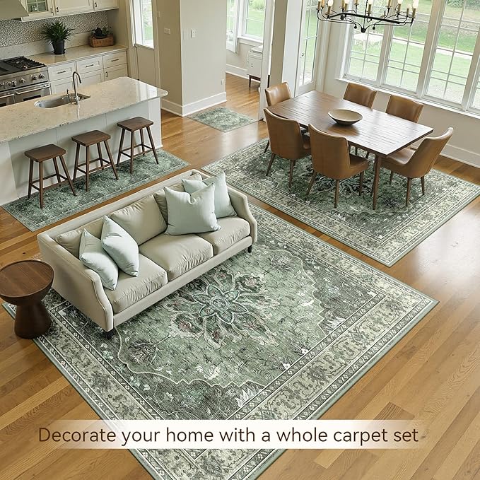 RELEANY Area Rugs 6'x8' Washable Non-Slip, Floral Vintage Distress Print Pattern Medallion Carpet for Living Room Bedroom Dining Room, Dark Green Gray