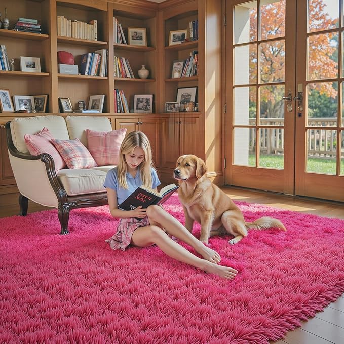8x10 Area Rugs for Living Room Bedroom, Large Area Rug Shaggy Carpet Soft Plush Furry Bedside Rug, Rugs for Home Decor (Hot Pink, 8 x 10)