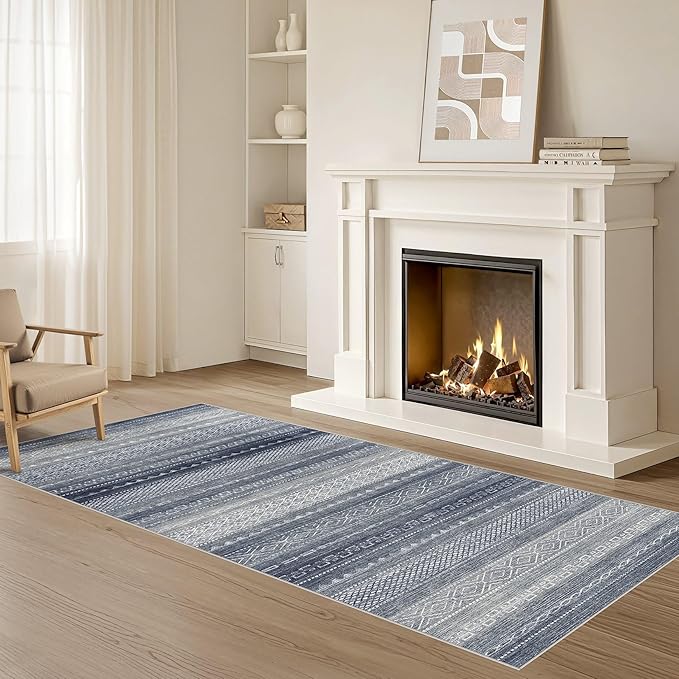 Nakagishi Area Rug Living Room Rugs: 2X6 Machine Washable Boho Large Neutral Farmhouse Stain Resistant Moroccan Indoor Floor Carpet for Bedroom Nursery Dorm Dining Room Home-Denim Blue