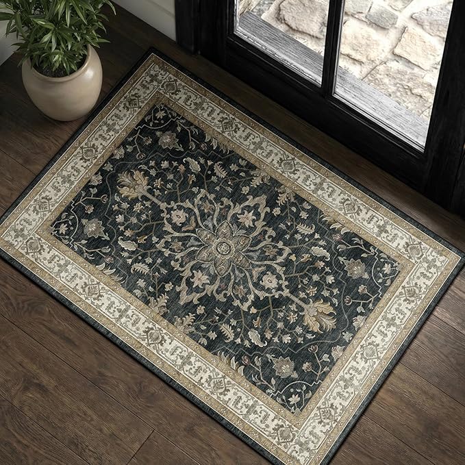 RELEANY Area Rugs 2'x3' Kitchen Rugs Entry Rug Small Rugs for Entryway Kitchen Bathroom Door Mat Indoor Entrance,Washable Non Slip, Vintage Black Brown Neutral
