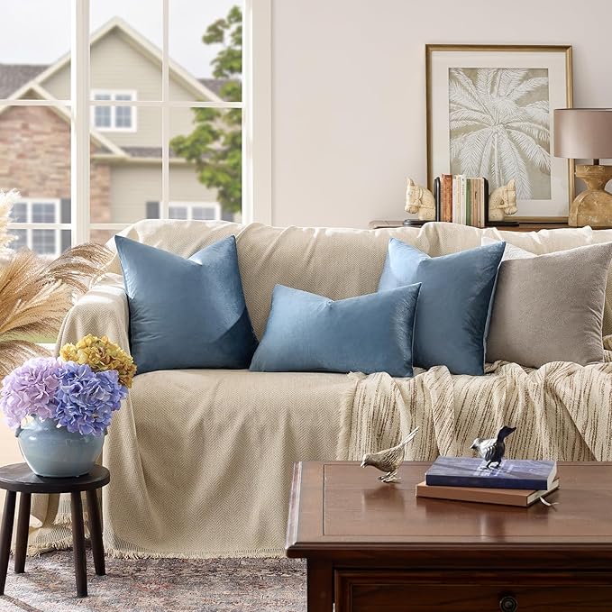 GIGIZAZA Stone Blue Velvet Decorative Throw Pillow Covers 18x18 for Sofa Living Room Soft Couch Pillow Cover Pack of 2