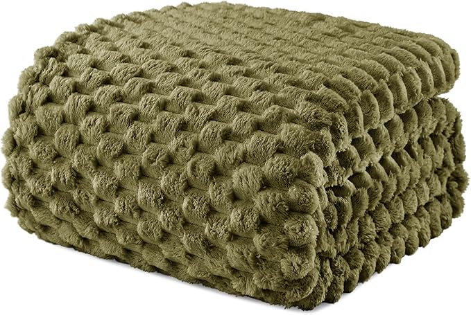 Exclusivo Mezcla Fleece Queen Blanket for Bed, Extra Large Fuzzy Olive Green Bed Blankets, Soft Cozy Plush Sofa Throws for All Seasons, 90x90 Inches