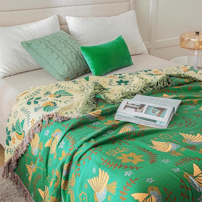 Green Fall Blanket 60''x 80'' Boho Throw Blankets for Couch Bed Chair,100% Cotton Quilts Christmas Warm Soft Blanket Muslin Bed Blankets Farmhouse Decoration