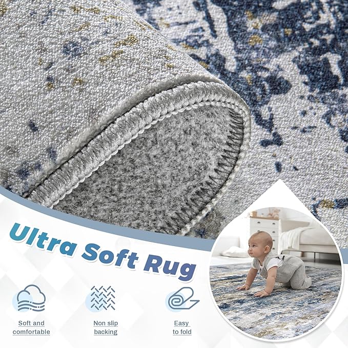 Area Rugs 10x14 Living Room: Washable Rug Modern Abstract Neutral Soft Non-Slip Low-Pile Indoor Large Carpet for Bedroom Dining Room Playroom Home Office (Blue Grey Brown, 10'x14')