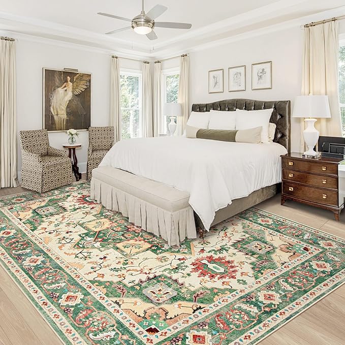 Area Rug 8x10 Washable Rug, Vintage Boho Medallion Rugs Non-Slip Soft Low Pile Large Distressed Rug Indoor Retro Carpet for Living Room Bedroom Dining Room Home Office (Green Beige, 8'x10')