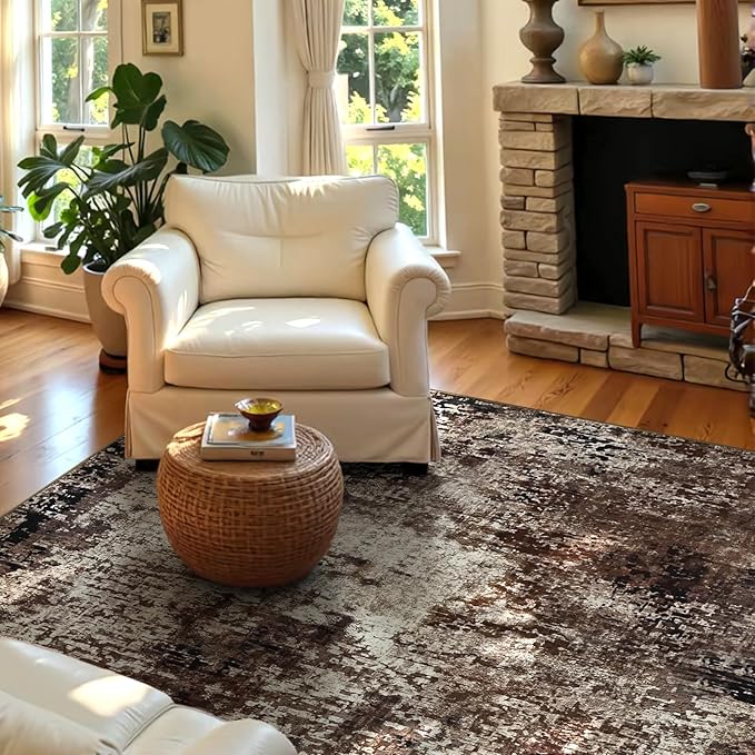 Entryway Rug 3x5 Brown Bedroom Area Rug Washable Non Slip Abstract Coffee Boho Rugs for Indoor Entry, Kitchen, Classroom, Bathroom, Kids Girls Room, Office, College Dorm Small Carpet