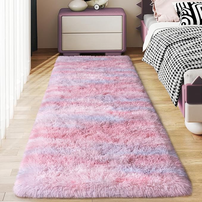 Soft Runner Rugs for Bedroom Hallways, 2x5 Abstract Pink Fluffy Shag Throw Area Rug Non Slip for Bedside Dorm, Long Shaggy Furry Carpet for Nursery Living Room