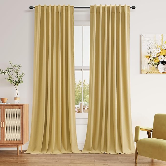 Guken 100% Blackout Curtains 120 Inch Length 2 Panels Set for Living Room Bedroom Back Tab Thermal Insulated Black Out Linen Drapes Room Darkening Window Curtains Gold Yellow 52x120