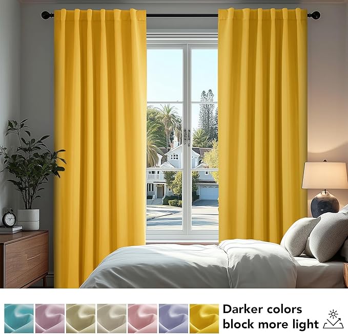 Deconovo Blackout Curtains, Thermal Insulated, W52 x L95 2 Panels, Back Tab, Machine Washable, Room-Darkening Drapes for Bedroom/Living Room Mellow Yellow
