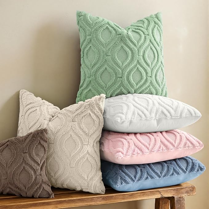decorUhome Throw Pillow Covers 22x22 Inch Set of 2, Soft Plush Faux Wool Sage Green Solid Couch Pillow Covers, Accent Euro Sham Farmhouse Neutral Square Pillow Cases for Sofa Bed Living Room
