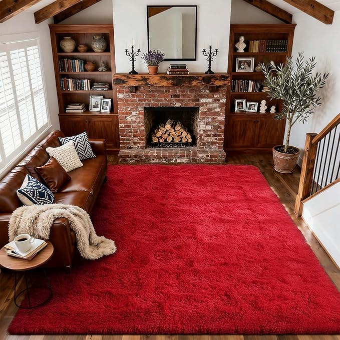 8x10 Ft Extra Large Shag Rugs for Living Room, Ultra Soft Fluffy Furry Area Rugs for Bedroom Indoor Floor, Aesthetic Carpet for Kids Home Decor (Red)