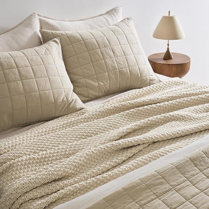 EVERGRACEHOME Chunky Chenille Knit Throw Blanket for Couch, Soft Luxurious Oversized King Moss Stitch Blanket for Bed, Large Cozy Farmhouse Knitted Throw for Sofa, Beige, 92" x 108"
