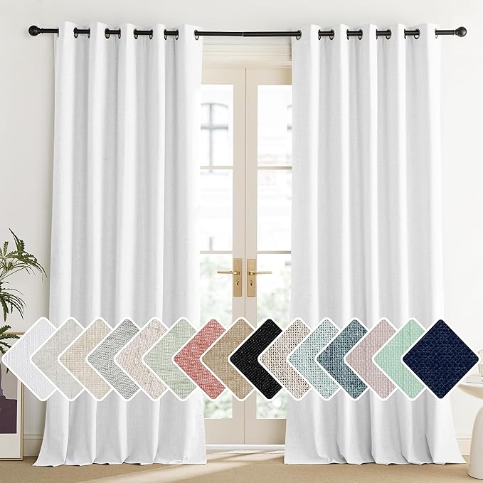 NICETOWN 100% Absolutely Blackout Linen Curtains with Thermal Insulated Liner, Greyish White, 62" Wide, 90" Length Energy Saving Curtains for Living Room 2 Panels Set, Vertical Blinds