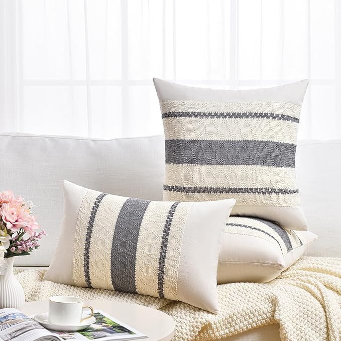 Fancy Homi Set of 1 Neutral Grey Farmhouse Lumbar Decorative Throw Pillow Covers 12x20 Inch for Couch Bed Chair, Vintage Country Rustic Retro Room Decor, Soft Thick Cotton Rectangle Cushion Case