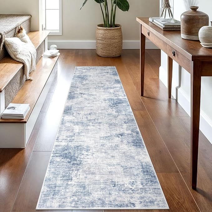 IOHOUZE Abstract Runner Rug 2x8 Ft Washable Runners for Hallways, Non Slip Kitchen Runner Printed Faux Wool Entryway Runner Indoor, Modern Floor Carpet for Hall Kitchen Bedroom, Light Blue Grey