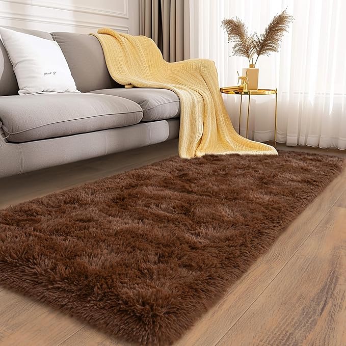 Soft Runner Rugs for Bedroom Hallways, 2x6 Brown Fluffy Shag Throw Area Rug Non Slip for Bedside Dorm, Long Shaggy Furry Carpet for Nursery Living Room