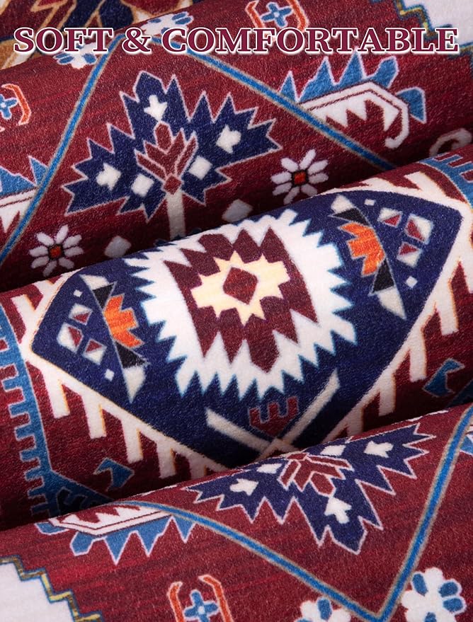 SERISSA Runner Rug for Hallways, 2'6"x14' Washable Non Slip Runner Rug, Extra Long Boho Rug Ultra Soft Vintage Burgundy Navy Print Floor Carpet for Bedroom Hallway Entryway Bathroom Laundry Room