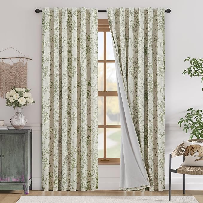 jinchan Blackout Floral Curtains for Living Room Bedroom Linen Blend Curtain Farmhouse Green Printed with Lined Back Tab Rod Pocket Drapes Window Treatments 2 Panels 84 Inch