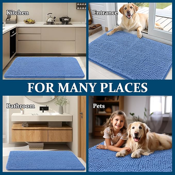 OLANLY Dog Door Mat for Muddy Paws 48x30, Absorbs Moisture and Dirt, Absorbent Non-Slip Washable Doormat, Quick Dry Chenille Mud Mat, Entry Indoor Entryway Carpet for Inside Floor, Cornflower Blue