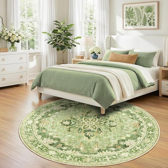 Area Rugs 7ft Washable Non-Slip, Floral Vintage Distress Print Pattern Medallion Carpet for Living Room Bedroom Dining Room, Sage Green Yellow