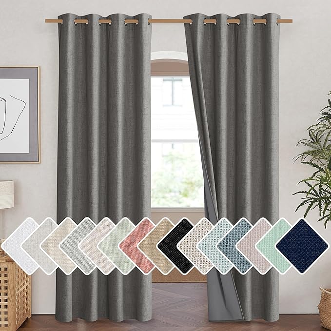 NICETOWN Grizzle Gray Vintage Linen 100% Blackout Curtains for Living Room, Thermal Insulated Curtains 84“ Long, Noise Reducing Window Treatment Drapes for Hall Room, 52" Wide Per Panel, Set of 2
