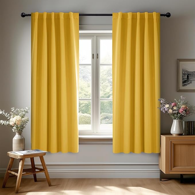 Deconovo Back Tab and Rod Pocket Drapes and Curtains Short Blackout Curtains for Kitchen Windows 42Wx54L Inch Mellow Yellow 2 Panels