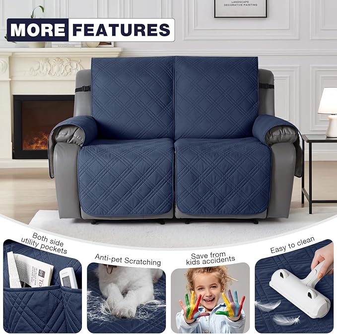 TAOCOCO 100% Waterproof Oversized Loveseat Recliner Cover, Non Slip Split Couch Covers for Reclining Loveseat with Elastic Straps for Kids Pets(Oversized 2 Seater, Navy Blue)