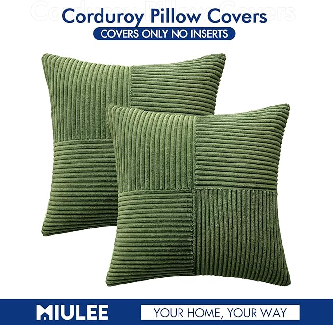 MIULEE Moss Green Decorative Throw Pillow Covers 20x20 Inch for Couch Bed Sofa Spring Decor Pack of 2 Boho Farmhouse Throw Pillows Soft Cross Corduroy Patchwork Textured Cushion Cases