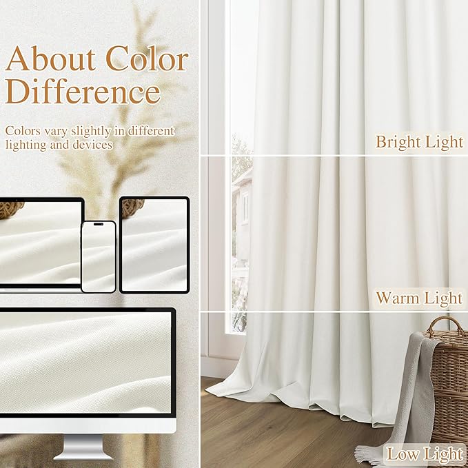 Guken Ivory 100% Blackout Linen Curtains 72 Inch Length 2 Panels Set for Living Room Bedroom Back Tab Thermal Insulated Black Out Drapes Room Darkening Farmhouse Window Curtains 72 Inches Long